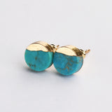 Gold Plated Cap Natural Pure Turquoise Stud Earrings, Gemstone Boho Jewelry G2077