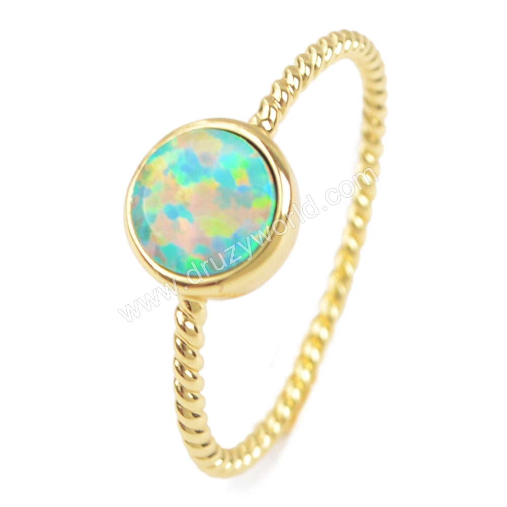 Gold Plated Bezel Round White Blue Opal Ring ZG0245