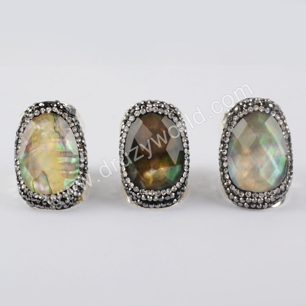 Natural Abalone Shell Glass Faceted Gold Band Ring, Rhinestone Jewelry Ring For Women JAB977