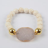 Gold Plated Natural Agate Druzy With Faceted White Howlite Turquoise Beads Bracelet G1398