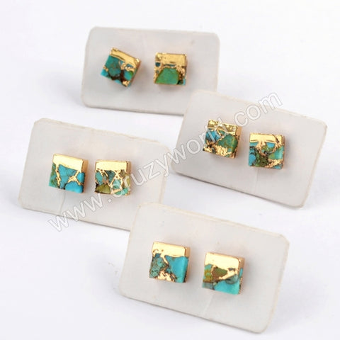 Gold Plated Square 7mm Natural Copper Turquoise Gemstone Stud Earrings Boho Jewelry G1648