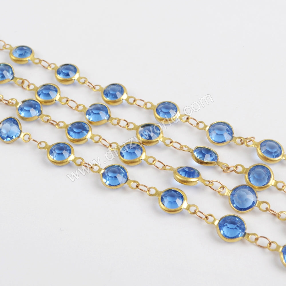 5m/llot,Gold Plated 7mm Light Blue Crystal Faceted Coin Rosary Chains JT189