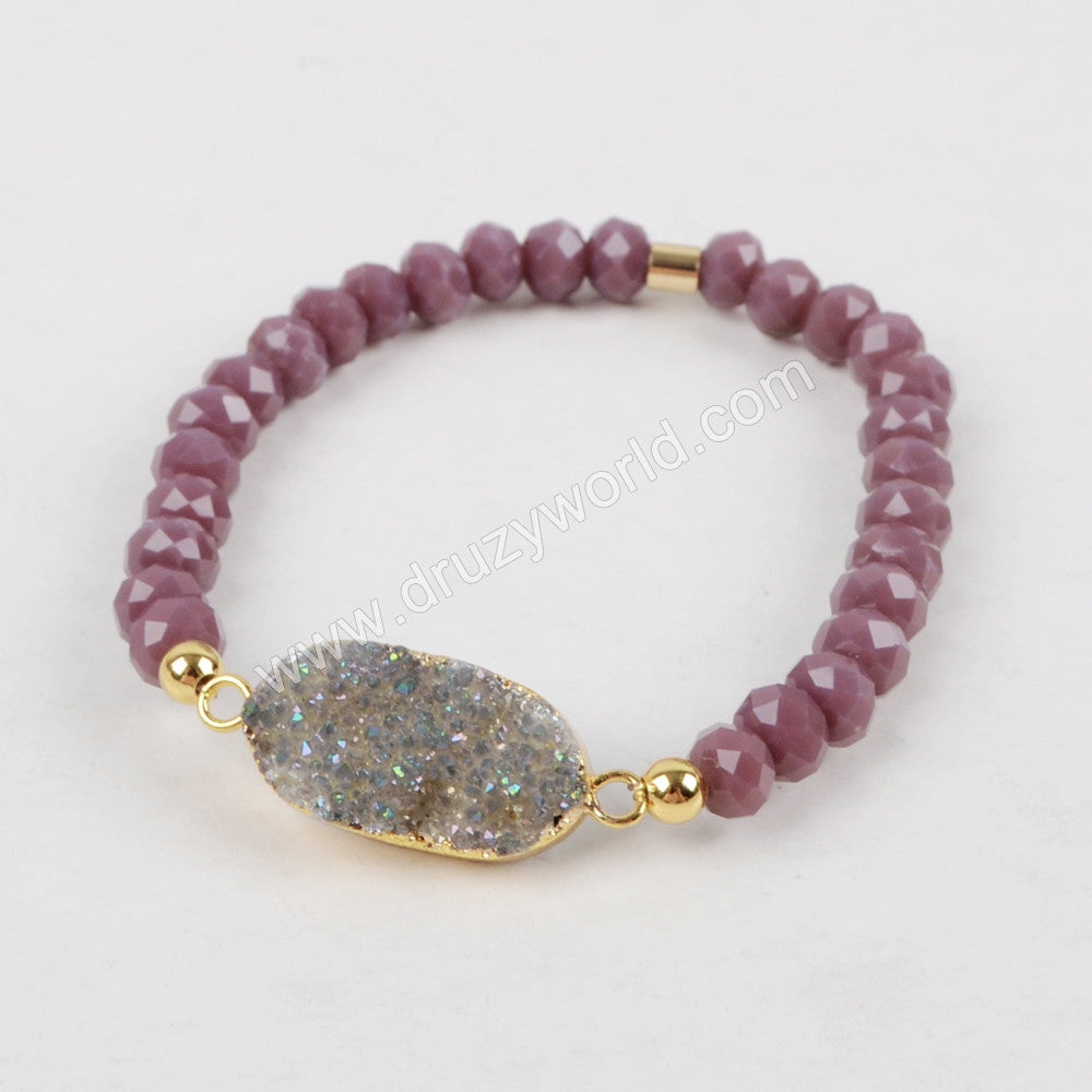 Oval Titanium Rainbow Druzy Bracelet, Faceted Quartz Beaded Bracelet, Handmade Boho Jewelry G1282