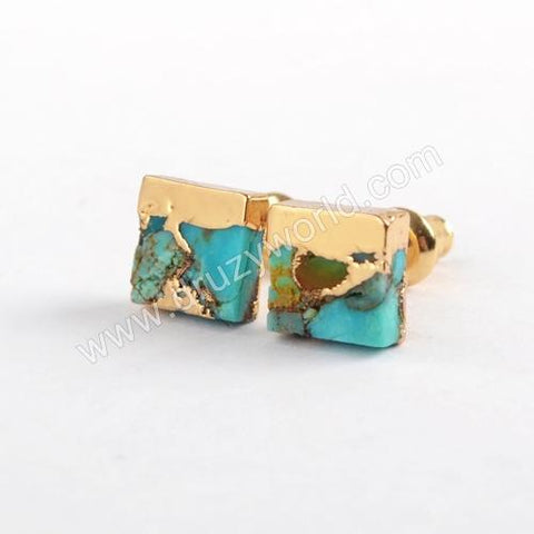 Gold Plated Square 7mm Natural Copper Turquoise Gemstone Stud Earrings Boho Jewelry G1648