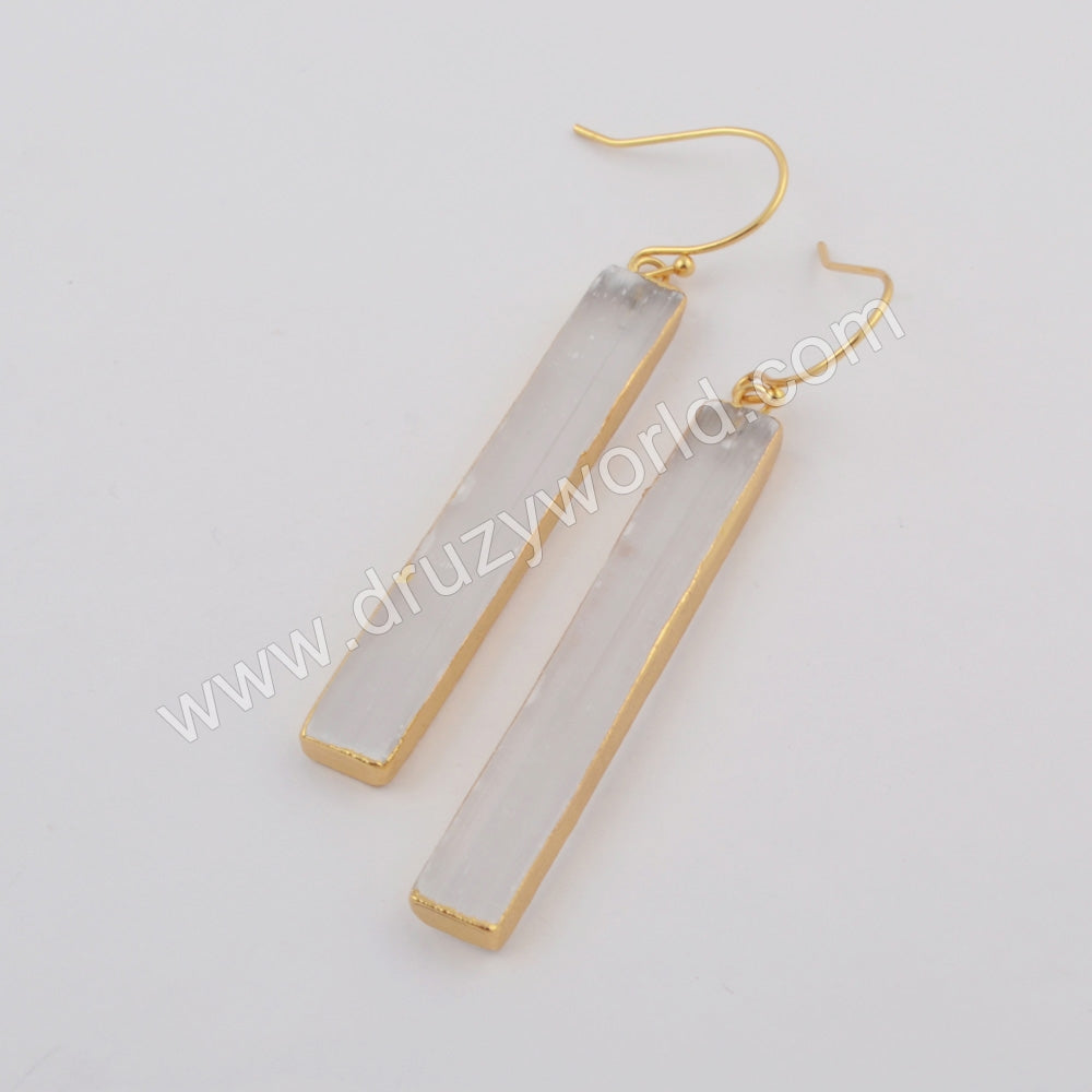 Rectangle Gold Plated Selenite Stone Earrings, Healing Crystal Dangle Earrings Jewelry  G1777