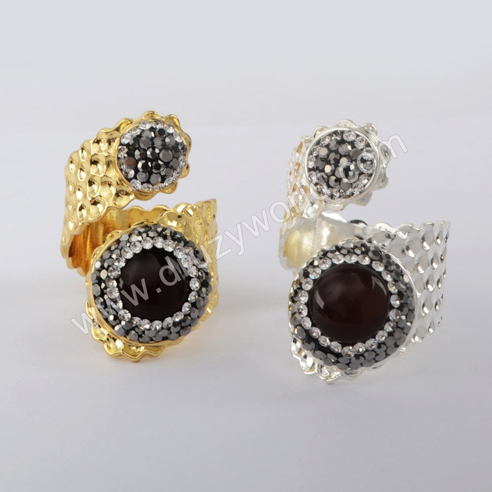 Natural Red Agate Rhinestone Pave Wrap Gold Band Ring JAB978
