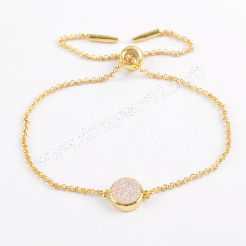 Round Gold Plated Bezel Rainbow Titanium Natural Druzy Bracelet, Adjustable Chain ZG0367