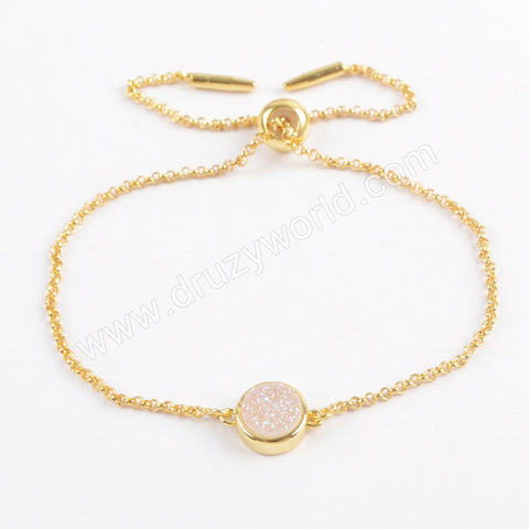 Round Gold Plated Bezel Rainbow Titanium Natural Druzy Bracelet, Adjustable Chain ZG0367