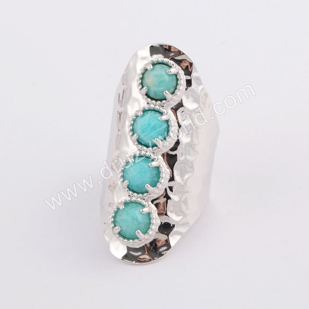 Silver Plated Four Gemstone Ring, Long Band Open Ring, Boho Jewelry ZS0394