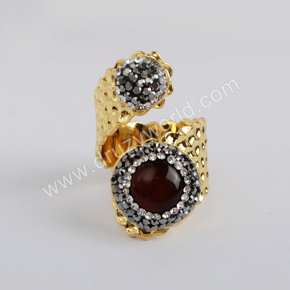 Natural Red Agate Rhinestone Pave Wrap Gold Band Ring JAB978