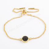 Round Gold Plated Bezel Rainbow Titanium Natural Druzy Bracelet, Adjustable Chain ZG0367