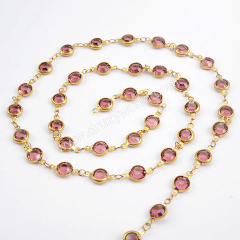 5m/llot,Gold Plated 7mm Light Purple Crystal Faceted Coin Rosary Chains JT190