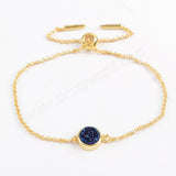 Round Gold Plated Bezel Rainbow Titanium Natural Druzy Bracelet, Adjustable Chain ZG0367