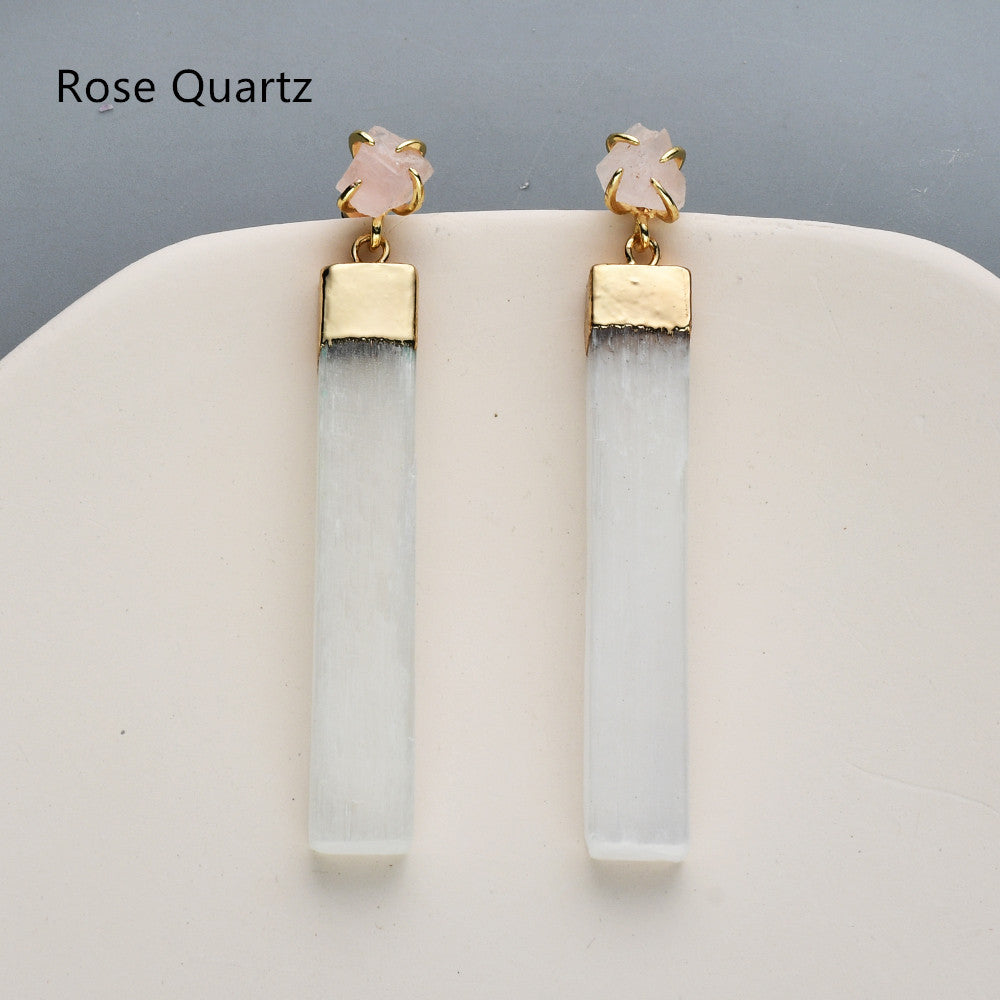 Gold Plated Claw Raw Gemstone Chips & Selenite Bar Stud Earrings, Healing Crystal Stone Jewelry, Boho Earrings ZG0491 Rose Quartz Earrings