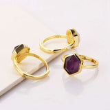 Hexagon Multi Gemstone Faceted Gold Plated Ring, Adjustable, Healing Crystal Jewelry Ring For Women ZG0464