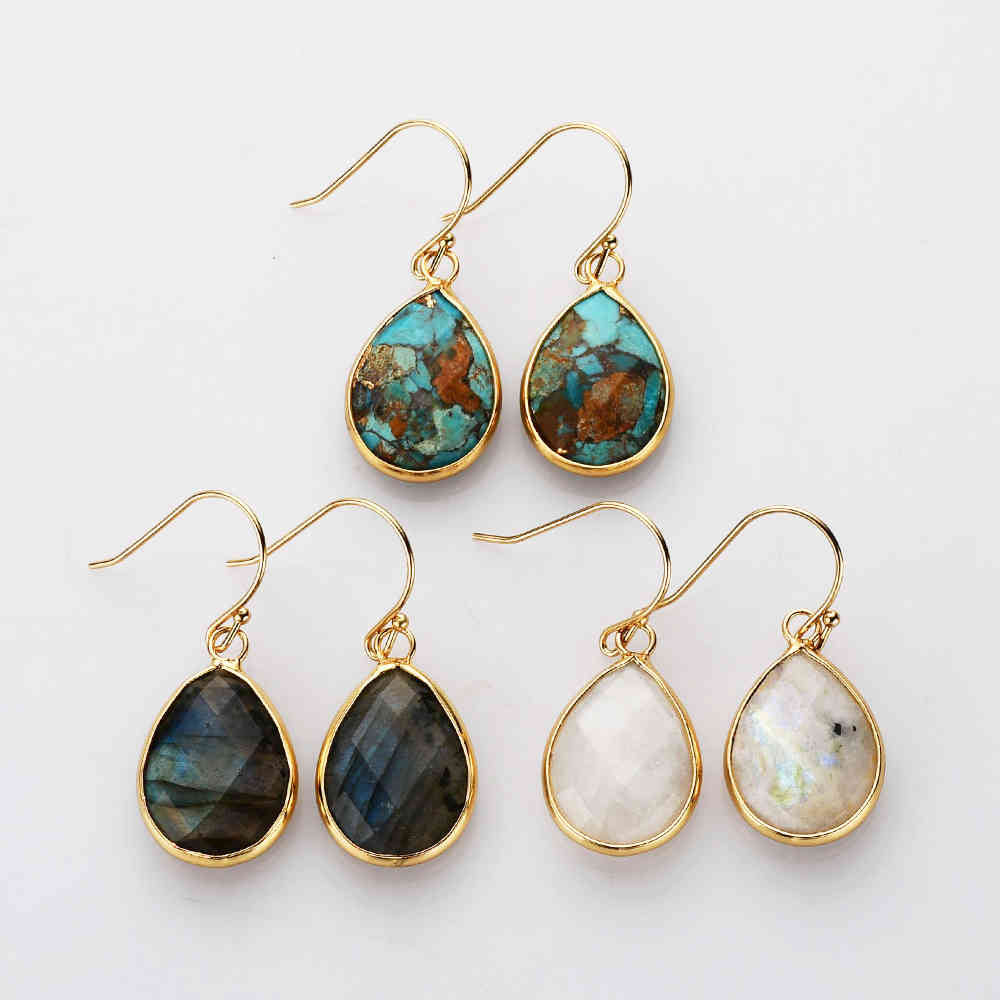 Teardrop Gold Plated Natural Gemstone Faceted Earrings Copper Turquoise Labradorite Moonstone Healing Crystal Stone Earrings Fashion Jewelry For Woman G2083