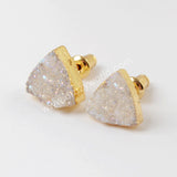 Triangle Natural Agate Titanium Druzy Stud Earrings Gold Plated, 10mm Drusy Crystal Jewelry Earring G1530