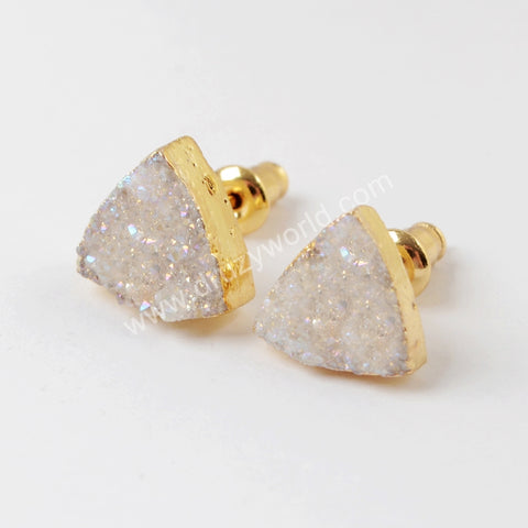 Triangle Natural Agate Titanium Druzy Stud Earrings Gold Plated, 10mm Drusy Crystal Jewelry Earring G1530