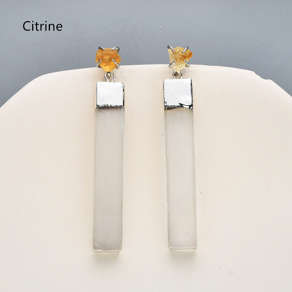 Silver Plated Claw Raw Crystal Chips & Selenite Bar Stud Earrings, Healing Gemstone Jewelry, Boho Stone Earrings ZS0491 Citrine Earring