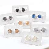 Silver Plated Bezel Hexagon Rainbow Natural Titanium Druzy Stud Earrings ZS0275