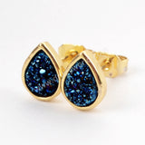 Teardrop Gold Plated Bezel Rainbow Titanium Druzy Studs Earrings ZG0276