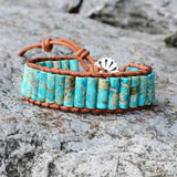 Blue Sea Sediment Jasper Tube Beads Leather Wrap Bracelet, Cylinder Gemstone Boho Jewelry HD0064