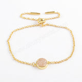 Round Gold Plated Bezel Rainbow Titanium Natural Druzy Bracelet, Adjustable Chain ZG0367