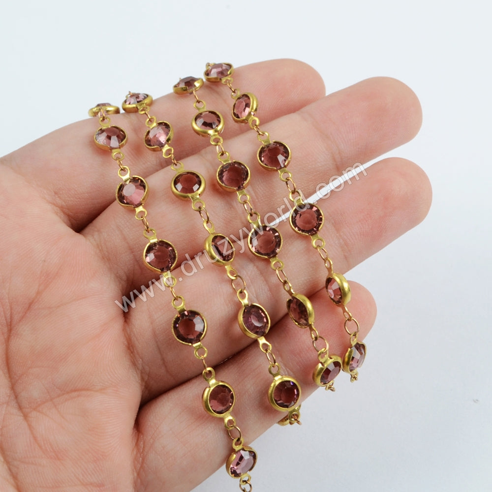 5m/llot,Gold Plated 7mm Light Purple Crystal Faceted Coin Rosary Chains JT190