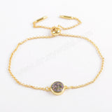 Round Gold Plated Bezel Rainbow Titanium Natural Druzy Bracelet, Adjustable Chain ZG0367