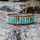 Blue Sea Sediment Jasper Tube Beads Leather Wrap Bracelet, Cylinder Gemstone Boho Jewelry HD0064