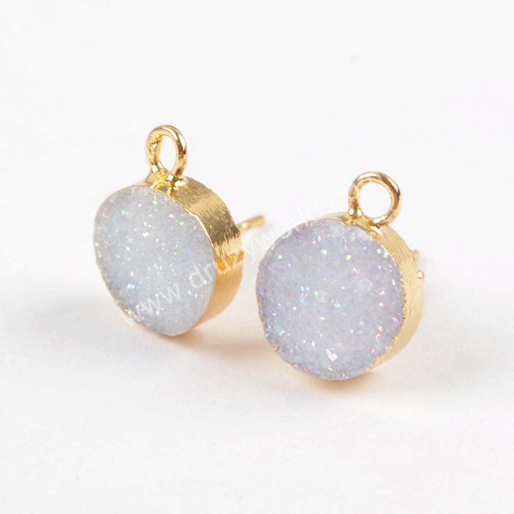 Gold Plated 10mm Round Titanium Druzy Stud Earrings With Loop, For Dangle Earring Jewelry Making G1537