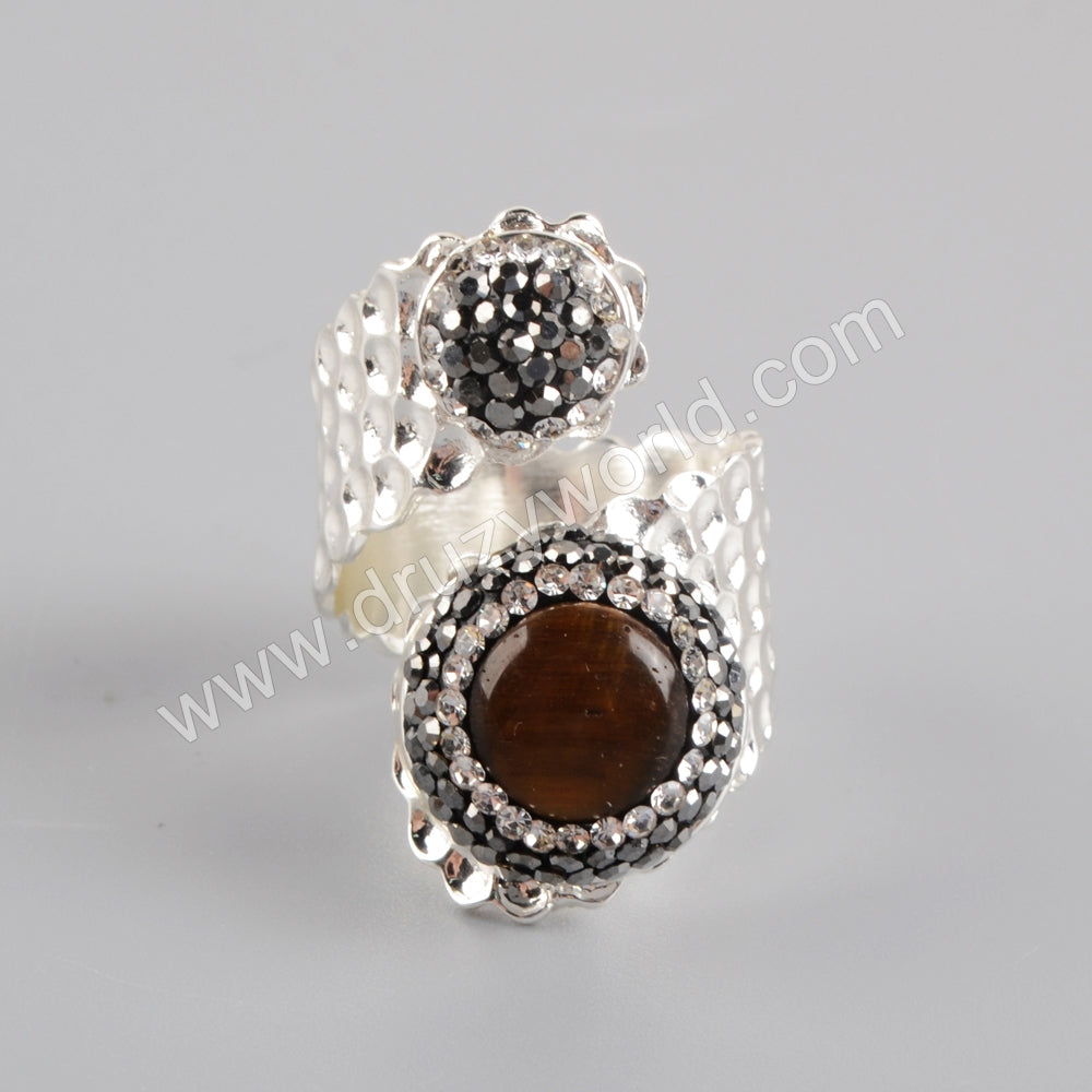 Rhinestone Pave Round Tiger's Eye Silver Band Wrap Ring Jewelry For Women JAB979