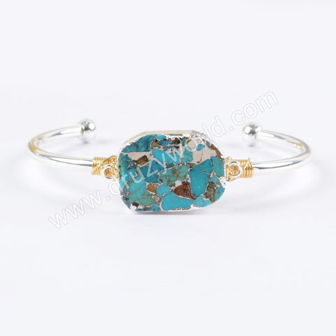 Natural Copper Turquoise Gemston Wire Wrapped Bangle Cuff Silver Plated S1660