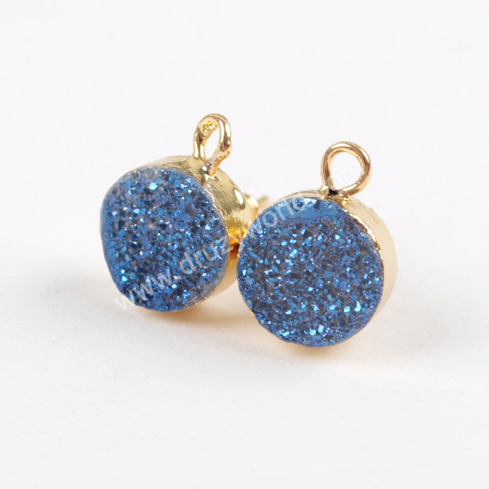 Gold Plated 10mm Round Titanium Druzy Stud Earrings With Loop, For Dangle Earring Jewelry Making G1537