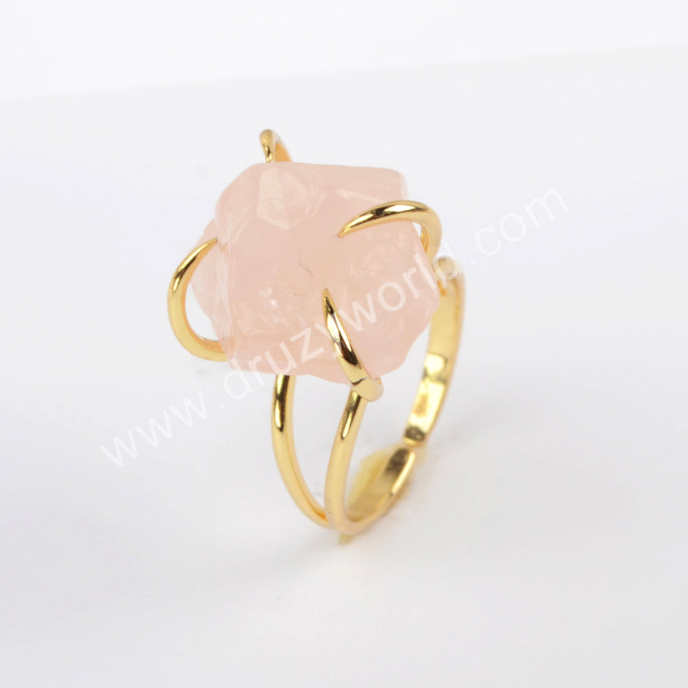 Gold Plated Claw Rose Quatrz Adjustable Ring, Polished Crystal Ring ZG0442