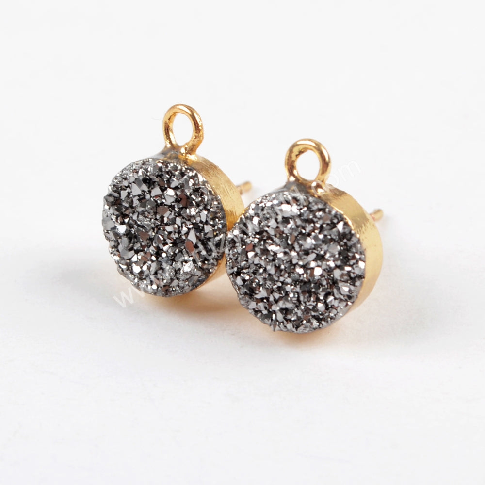 Gold Plated 10mm Round Titanium Druzy Stud Earrings With Loop, For Dangle Earring Jewelry Making G1537