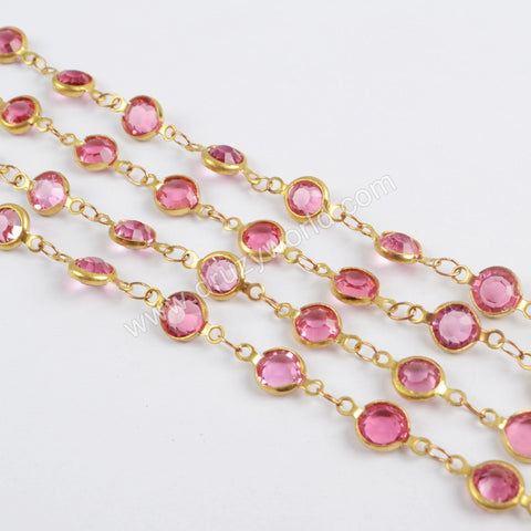 5m/llot,Gold Plated 7mm Pink Crystal Faceted Coin Rosary Chains JT191