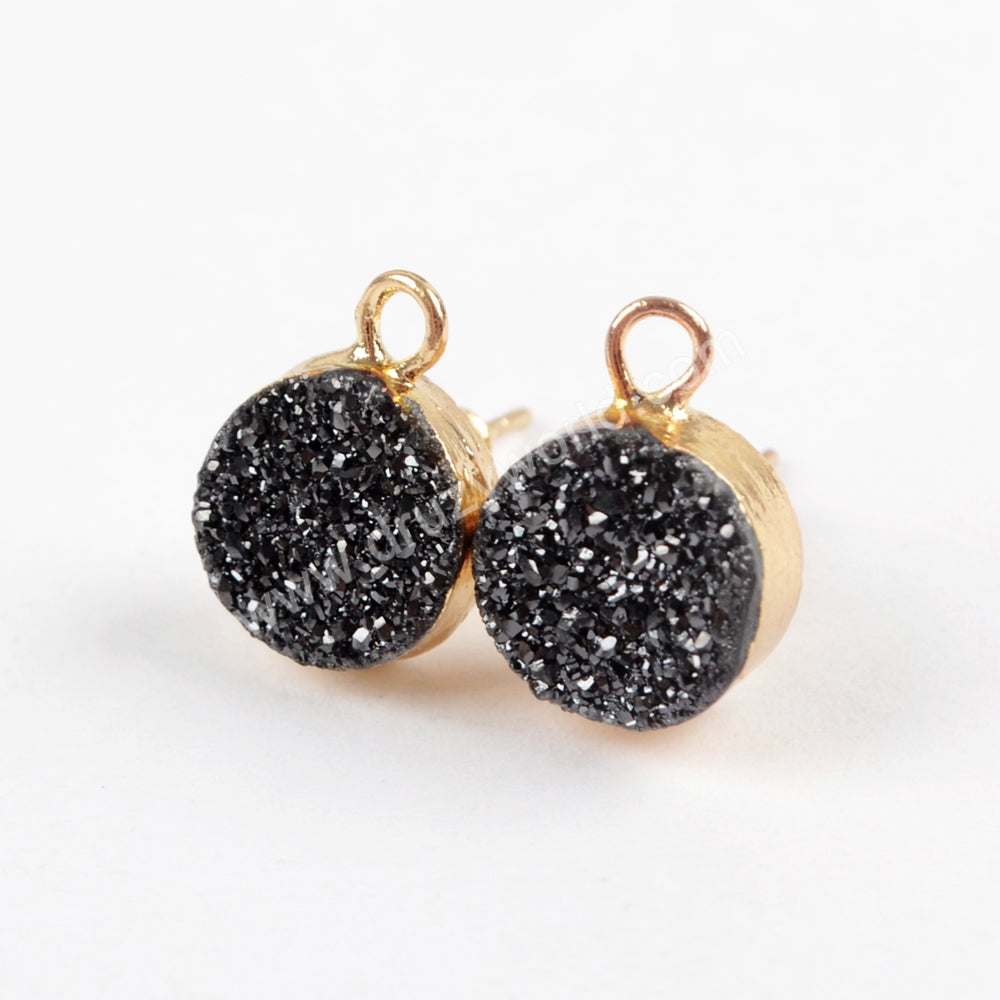 Gold Plated 10mm Round Titanium Druzy Stud Earrings With Loop, For Dangle Earring Jewelry Making G1537