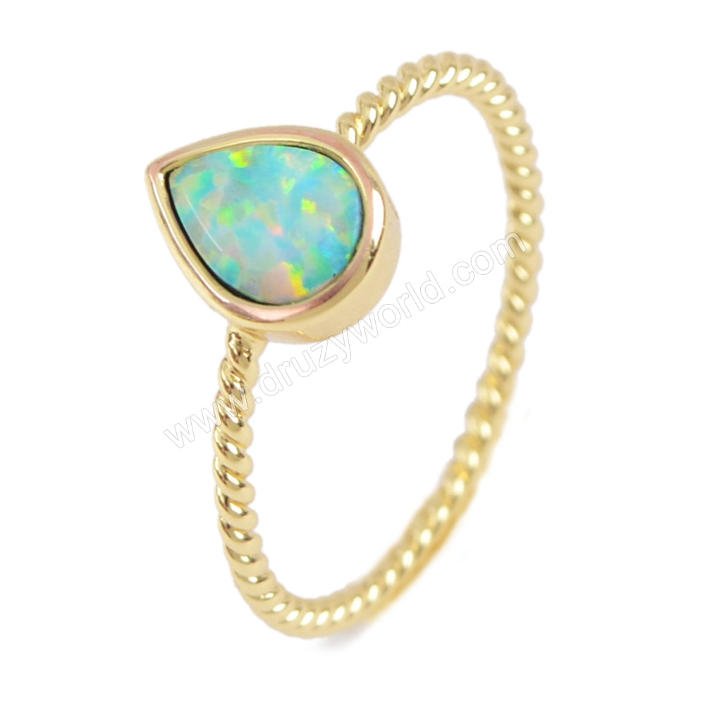 Teardrop Gold Plated Bezel White Opal Ring, Blue Opal Ring, Size 7 US, Opal Jewelry Ring  ZG0247