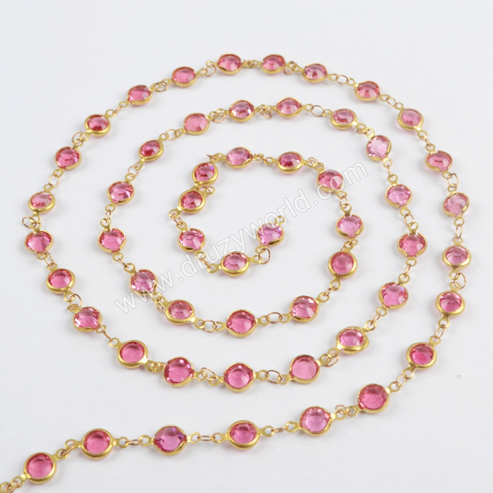 5m/llot,Gold Plated 7mm Pink Crystal Faceted Coin Rosary Chains JT191