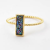 Rectangle Gold Plated Natural Agate Titanium Rainbow Druzy Bezel Ring ZG0291