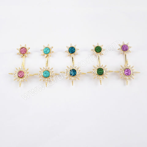 Double Star Gold Plated CZ Micro Pave Rainbow Druzy Studs Earring ZG0386