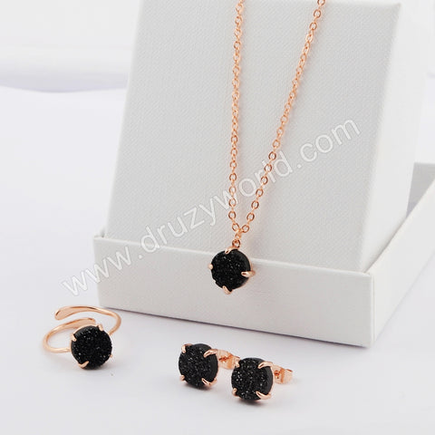 10mm Round Gold Plated Claw Natural Agate Titanium Black Druzy Earrings Ring Necklace Set ZG0400