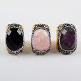 Rhinestone Pave Black Agate Pink Opal Stone Faceted Gold Band Ring JAB937