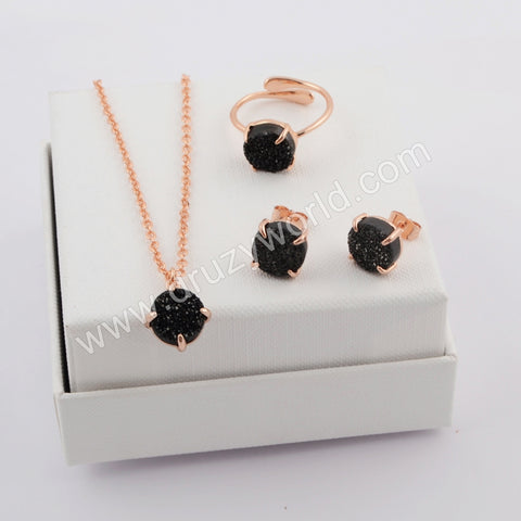 10mm Round Gold Plated Claw Natural Agate Titanium Black Druzy Earrings Ring Necklace Set ZG0400