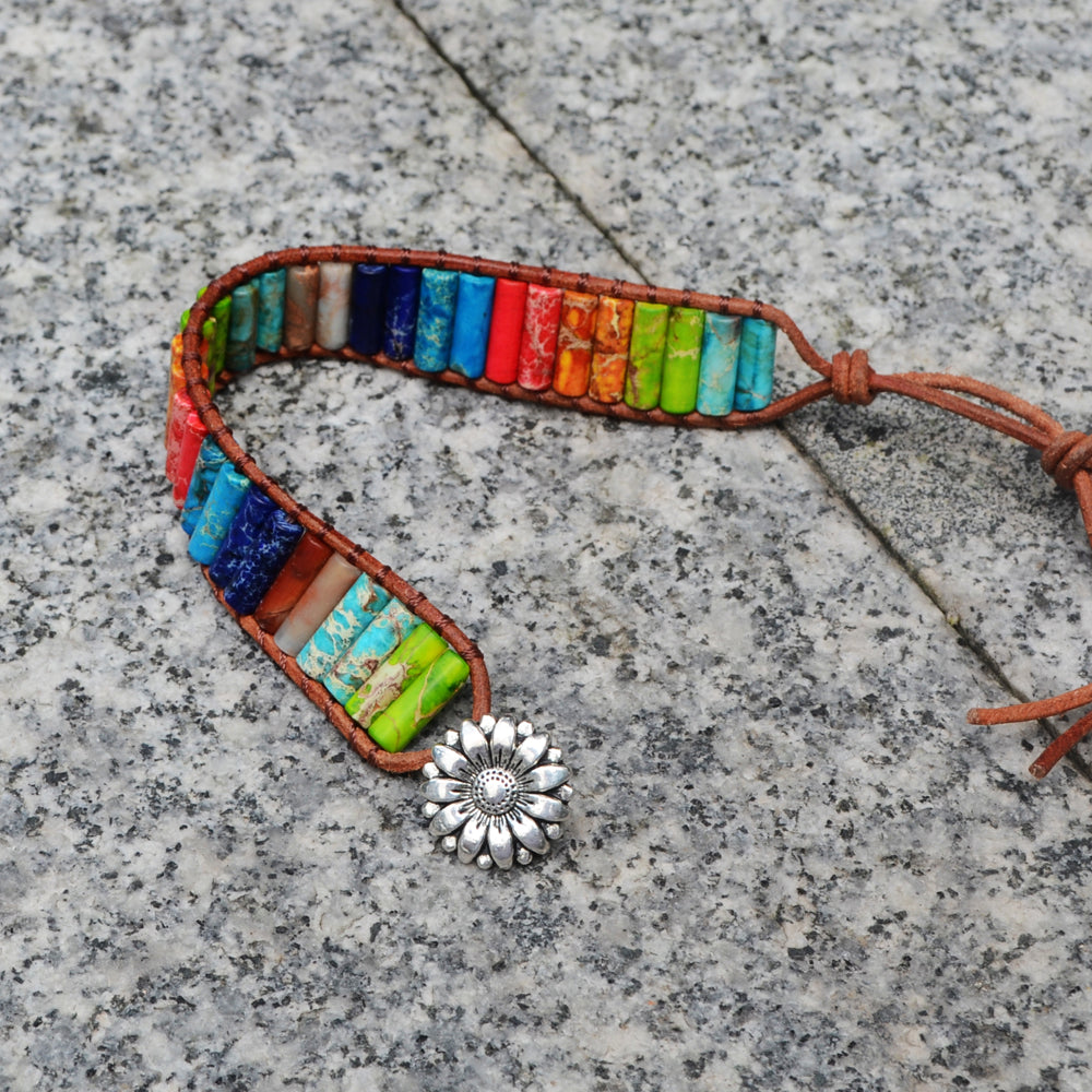 Chakra Rainbow Sea Sediment Jaseper Beads Leather Bracelet,Tube Gemstone Beads, Meditation Protection Inspiring Jewelry HD0065