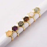 Hexagon Multi Gemstone Faceted Gold Plated Ring, Adjustable, Healing Crystal Jewelry Ring For Women ZG0464