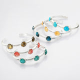 Silver Plated Brass Round Three-Gemstone Faceted Bangle, Healing Crystal Quartz Cuff Bracelet ZS0493