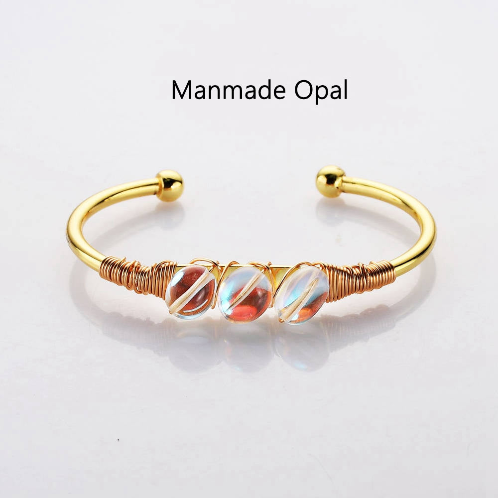 opal bracelet Gold Plated Brass Wire Wrap Gemstone Bangle Bracelet Healing Crystal Stone Bracelet Handmade Boho Jewelry WX2075