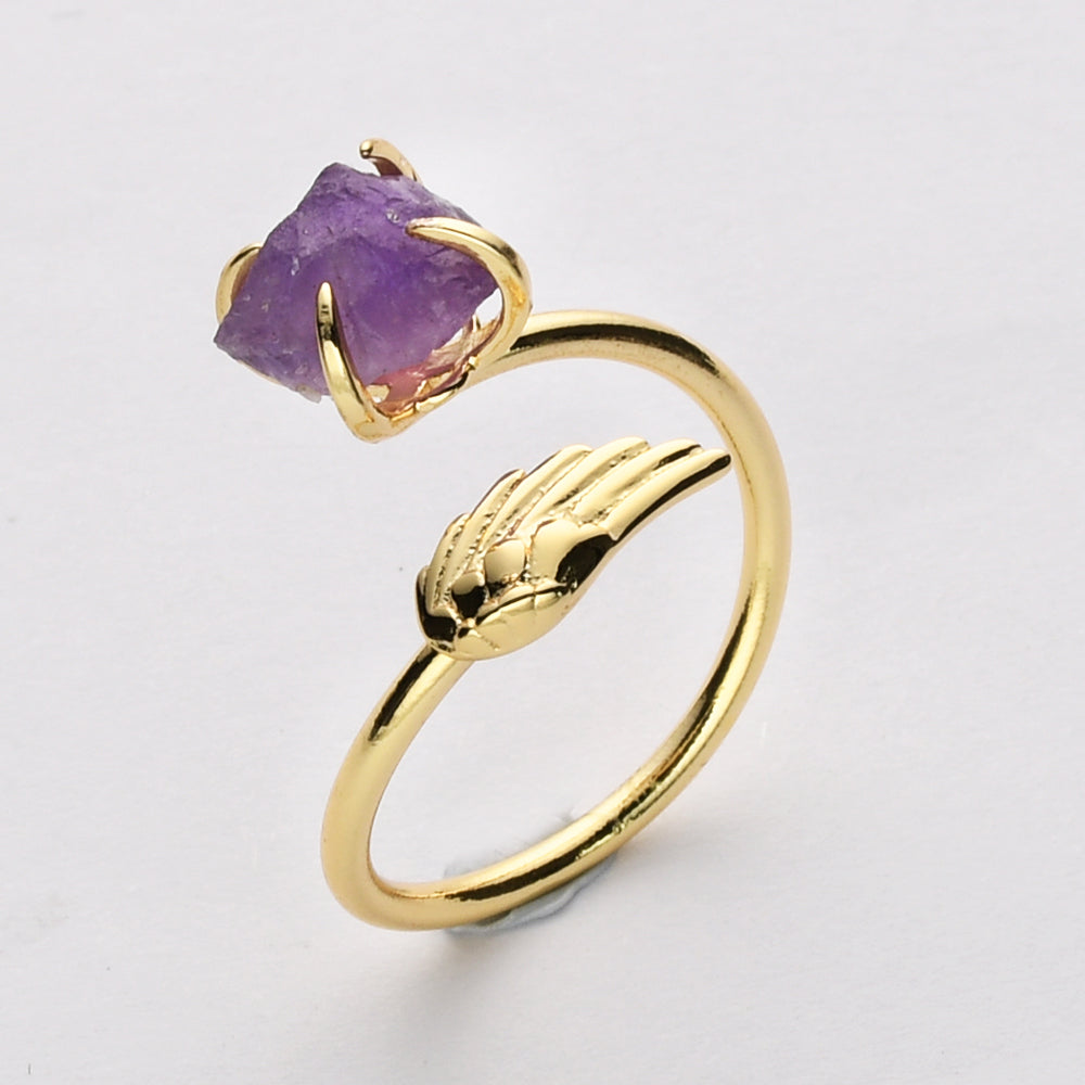 Gold Wing & Raw Crystal Ring, Adjustable, Gold Plated Brass Claw Gemstone Ring, Birthstone Ring, Healing Jewelry ZG0489